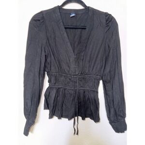 Old Navy Black Long Sleeve Peplum‎ Blouse V Neck Cinched Waist Tie Front Size S